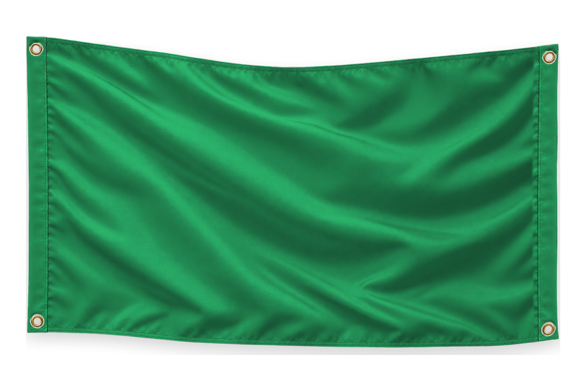 Blank Kelly Green 5 feet wide by 3 feet tall flag with matching stitched side bands and four corner metal grommets