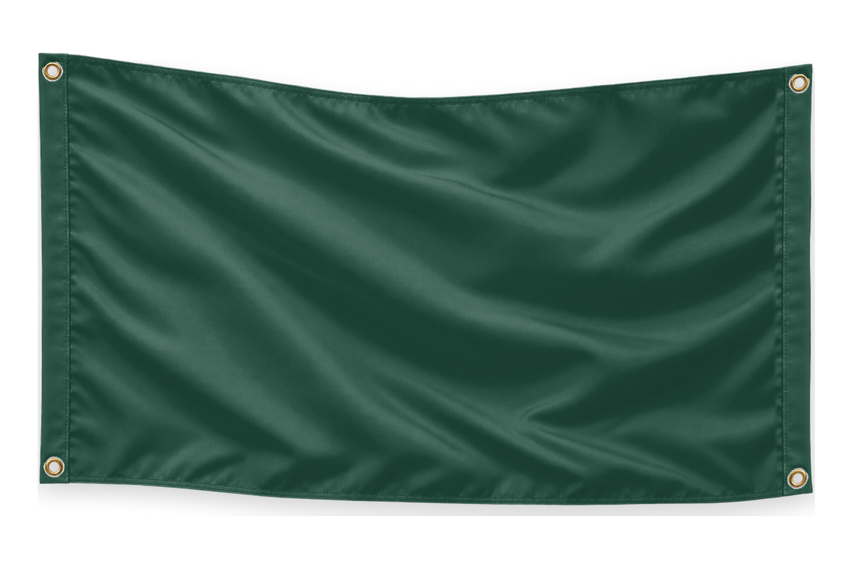 Blank Forest Green 5 feet wide by 3 feet tall flag with matching stitched side bands and four corner metal grommets