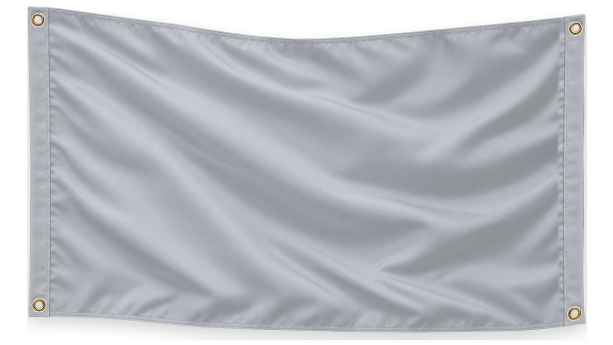 Blank Silver 5 feet wide by 3 feet tall flag with matching stitched side bands and four corner metal grommets