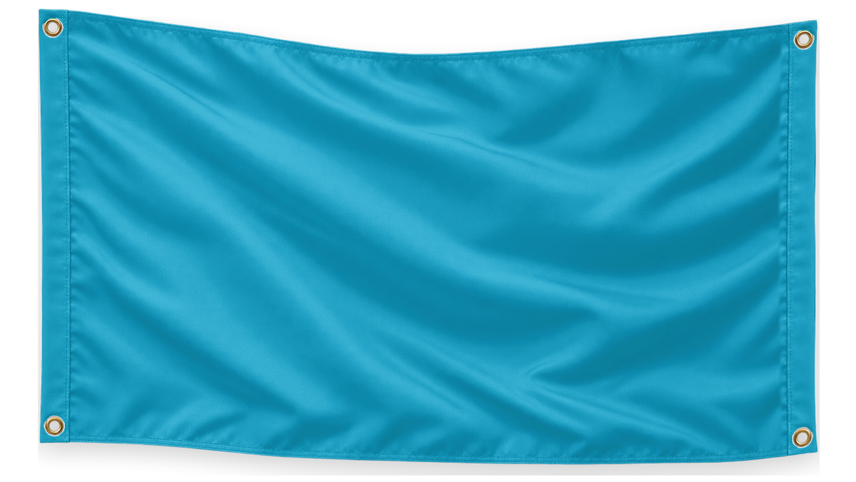 Blank Aqua Blue 5 feet wide by 3 feet tall flag with matching stitched side bands and four corner metal grommets