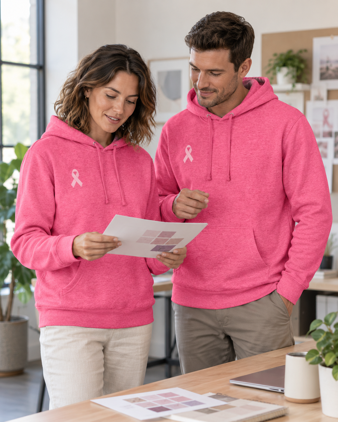 Custom Fleece Hoodie — Awareness Pink Heather — office campaign with everyone wearing Awareness Pink Heather