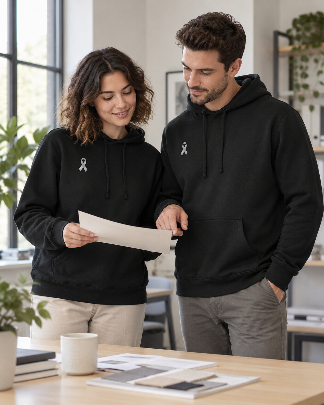 Custom Fleece Hoodie — Black — office campaign with everyone wearing Black