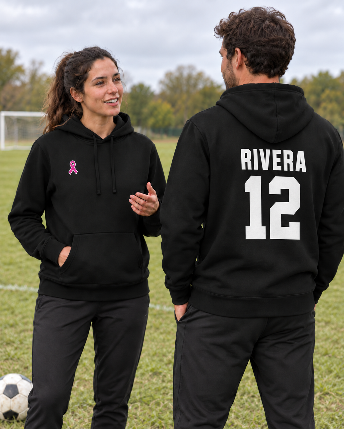 Custom Fleece Hoodie — Black — soccer campaign, pink front ribbon and RIVERA 12 athletic back print