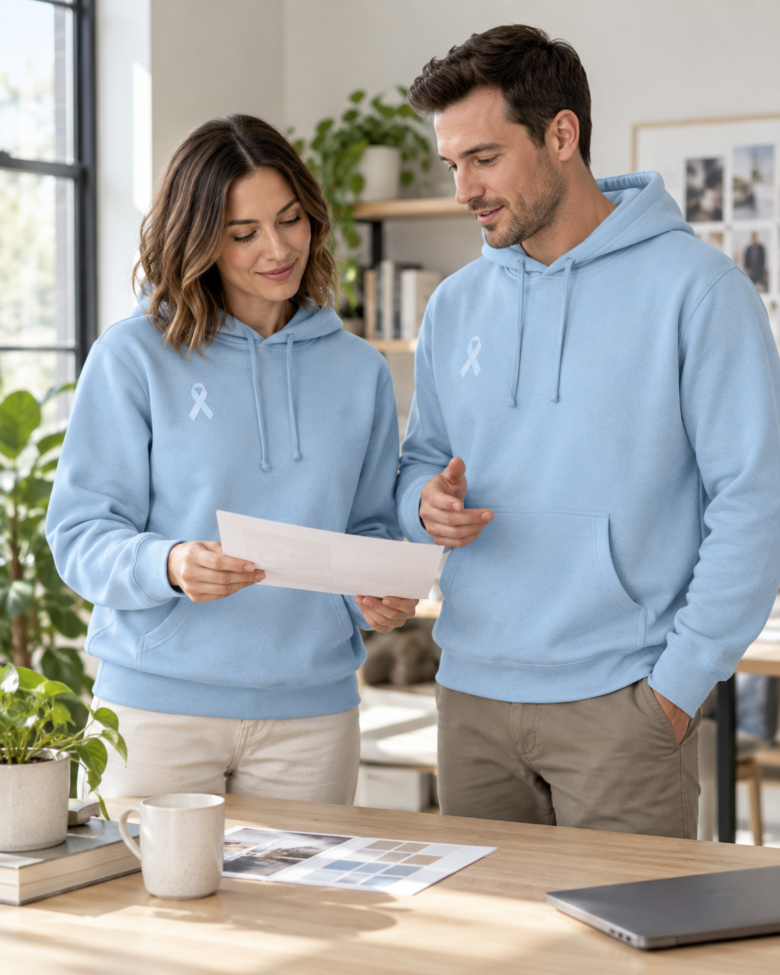 Custom Fleece Hoodie — Ice Blue — office campaign with everyone wearing Ice Blue