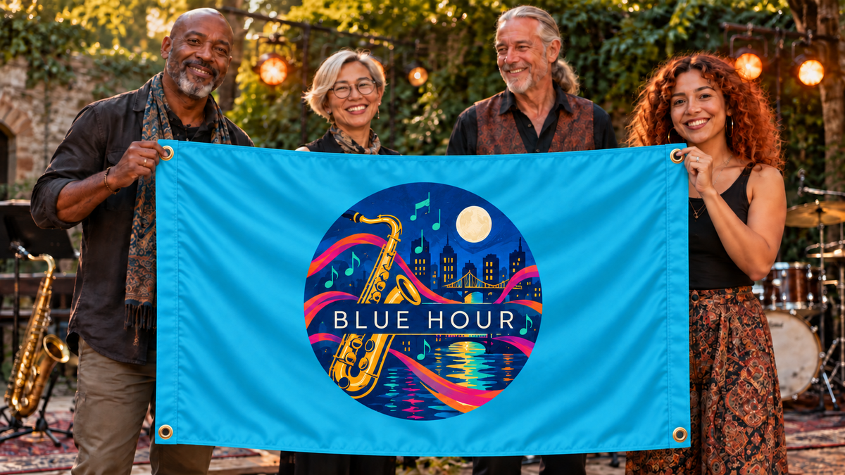 Illustrative campaign: four adult musicians holding a customized multicolor aqua blue 3 by 5 Blue Hour flag in an outdoor jazz venue