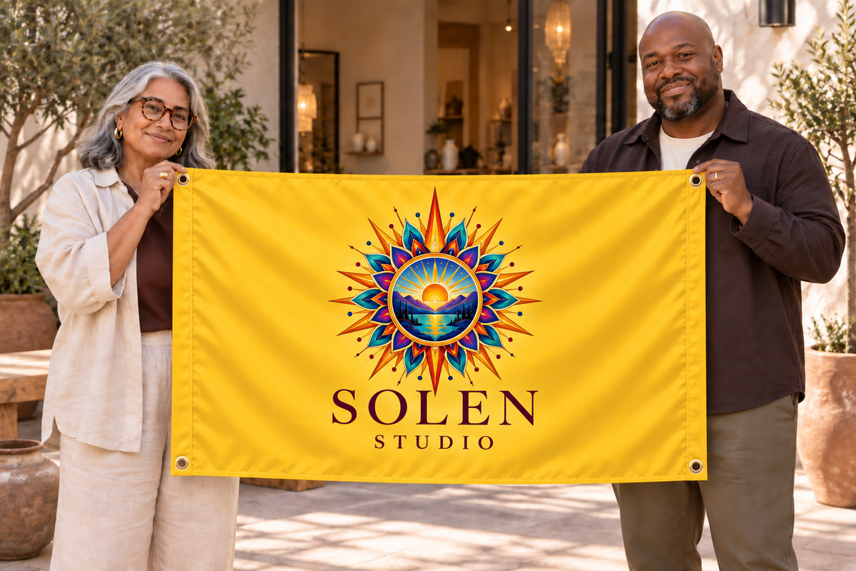 Illustrative campaign: adult business owners outside their workplace holding a customized athletic gold flag, 5 feet wide by 3 feet tall with vivid multicolor artwork and four corner grommets