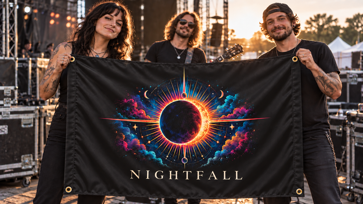Illustrative campaign: NIGHTFALL outdoor musicians with a richly customized Black flag, 5 feet wide by 3 feet tall, four metal corner grommets and reinforced side bands.