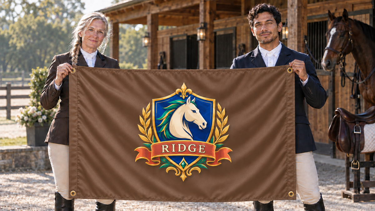 Illustrative campaign: RIDGE equestrian athletes with a richly customized Brown flag, 5 feet wide by 3 feet tall, four metal corner grommets and reinforced side bands.