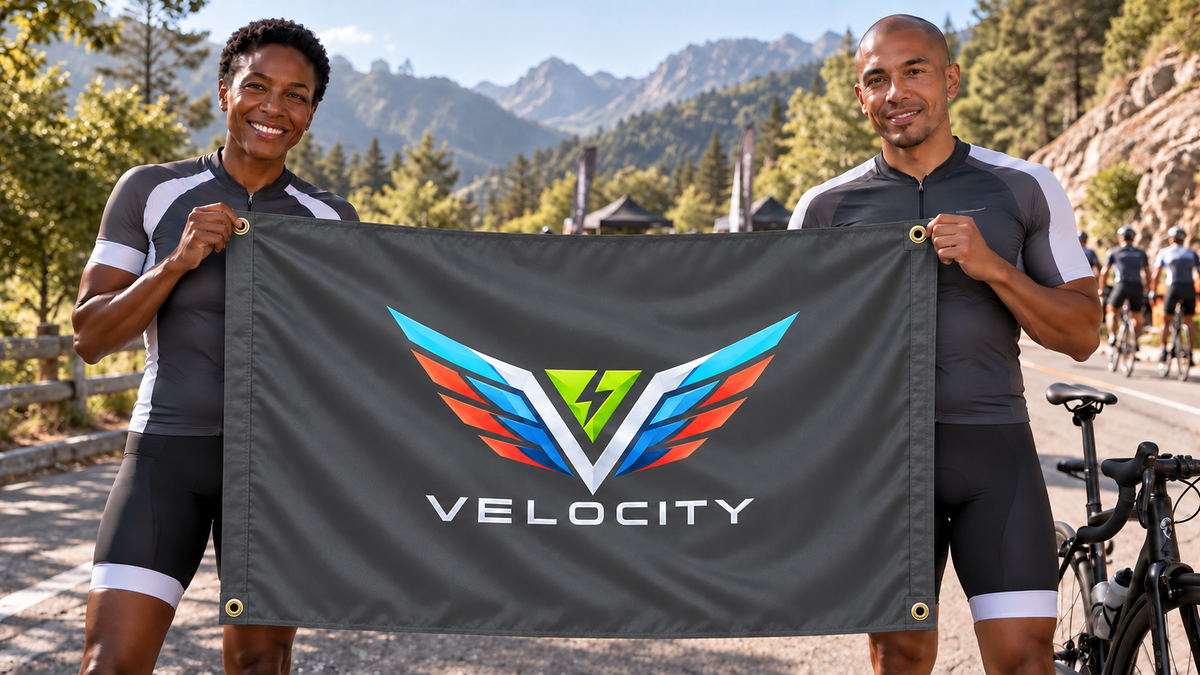 Illustrative campaign: VELOCITY cyclists with a richly customized Charcoal Gray flag, 5 feet wide by 3 feet tall, four metal corner grommets and reinforced side bands.