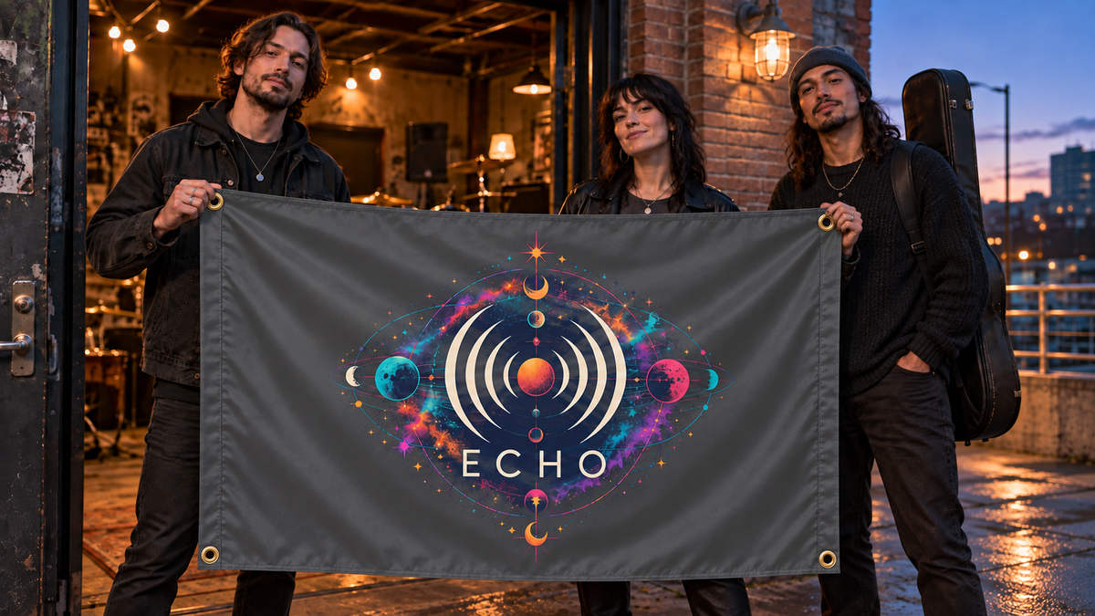 Illustrative campaign: ECHO urban musicians with a richly customized Charcoal Gray flag, 5 feet wide by 3 feet tall, four metal corner grommets and reinforced side bands.