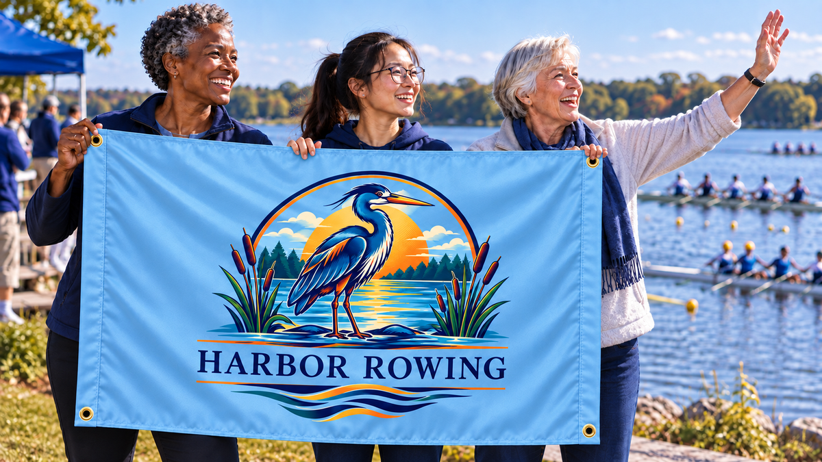 Columbia Blue customized 5 ft x 3 ft flag at a sports event, with colorful original artwork, people, four corner grommets and matching stitched side bands