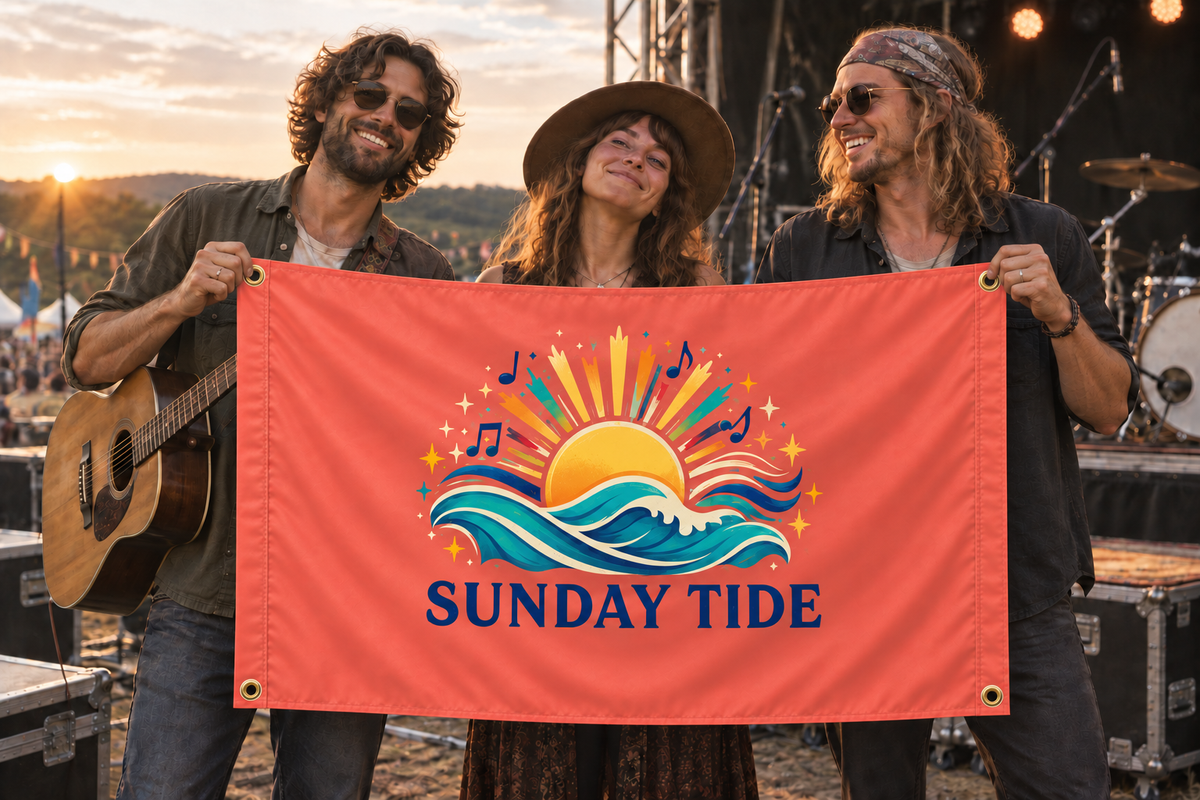 Illustrative campaign: adult musicians at a live music venue holding a customized coral flag, 5 feet wide by 3 feet tall with vivid multicolor artwork and four corner grommets