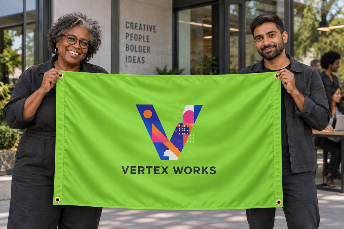 Illustrative campaign: adult business owners outside their workplace holding a customized lime green flag, 5 feet wide by 3 feet tall with vivid multicolor artwork and four corner grommets