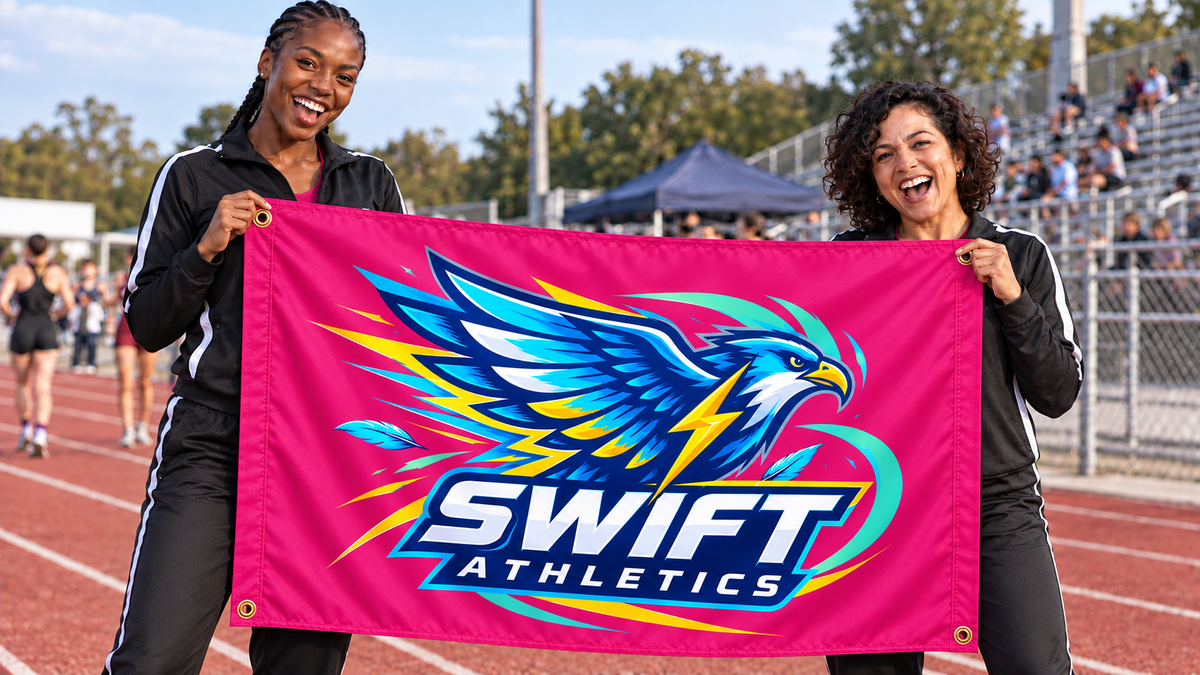 Magenta customized 5 ft x 3 ft flag at a sports event, with colorful original artwork, people, four corner grommets and matching stitched side bands