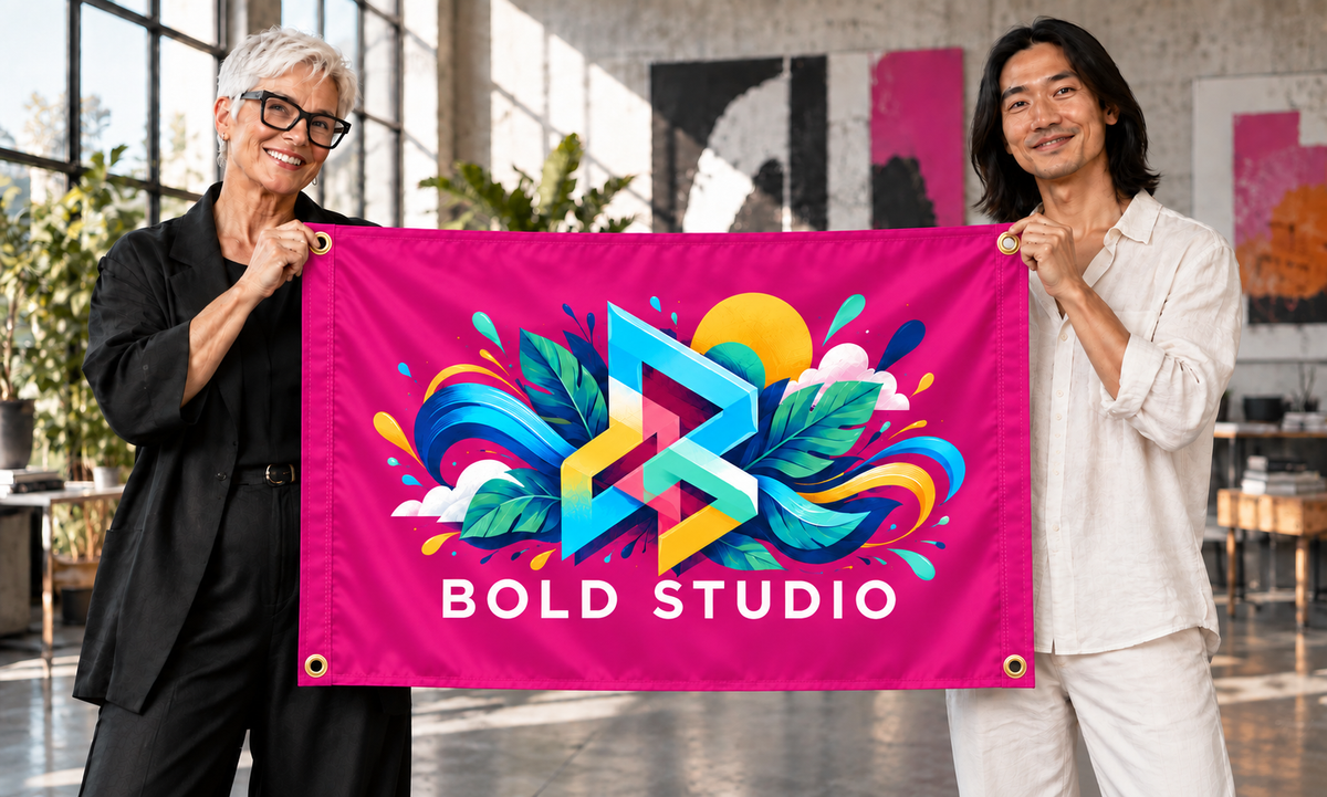 Magenta customized 5 ft x 3 ft flag at a business event, with colorful original artwork, people, four corner grommets and matching stitched side bands