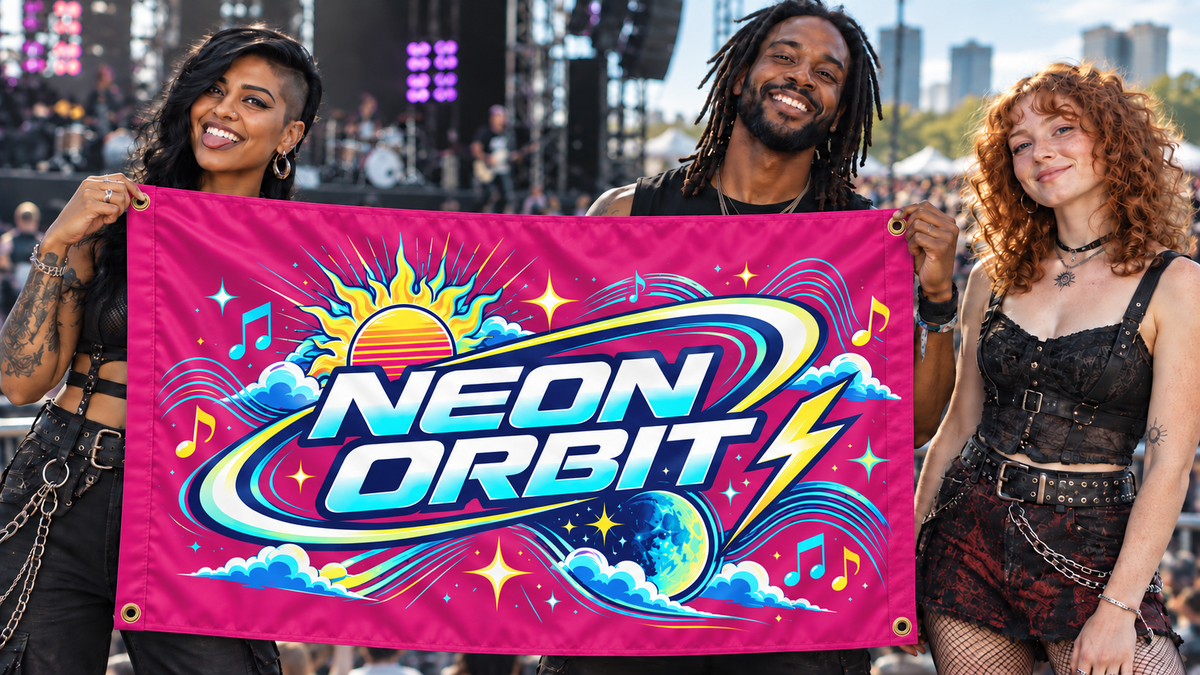 Magenta customized 5 ft x 3 ft flag at a music event, with colorful original artwork, people, four corner grommets and matching stitched side bands