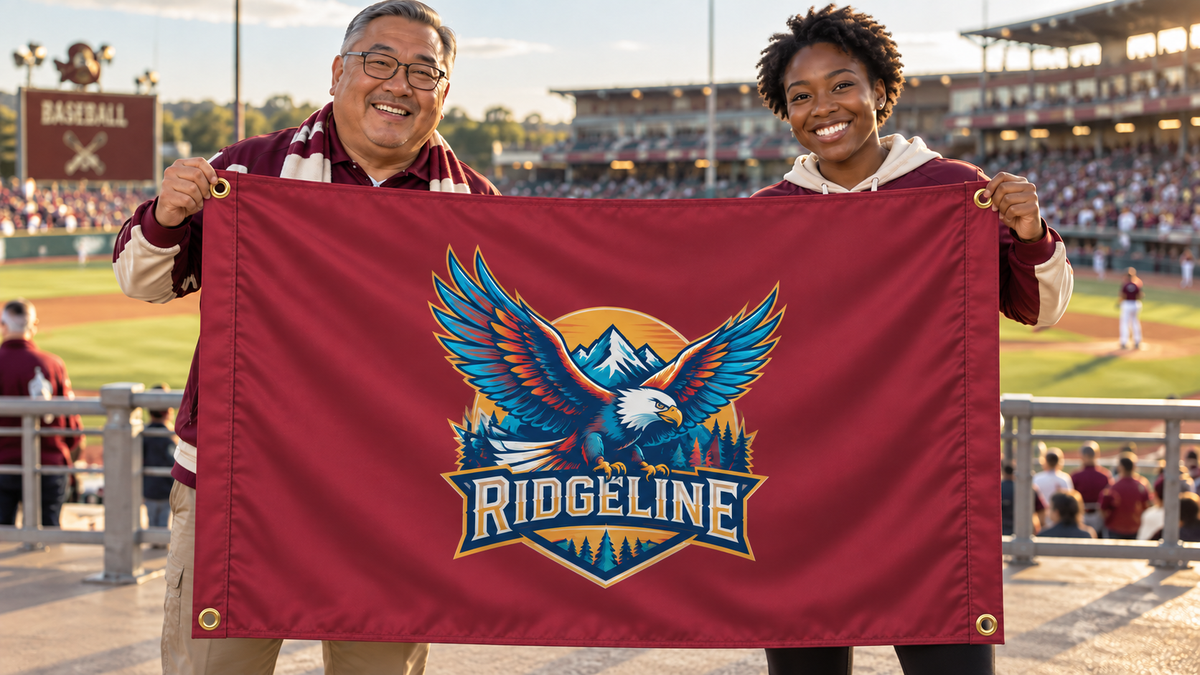Illustrative campaign: RIDGELINE baseball supporters with a richly customized Maroon flag, 5 feet wide by 3 feet tall, four metal corner grommets and reinforced side bands.