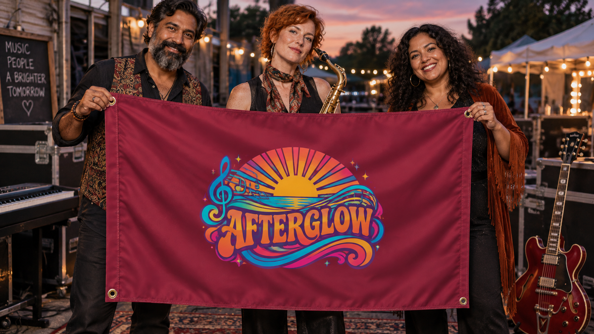 Illustrative campaign: AFTERGLOW musicians with a richly customized Maroon flag, 5 feet wide by 3 feet tall, four metal corner grommets and reinforced side bands.