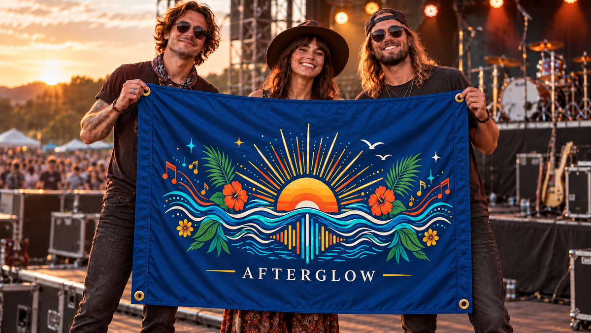 Navy customized 5 ft x 3 ft flag at a music event, with colorful original artwork, people, four corner grommets and matching stitched side bands