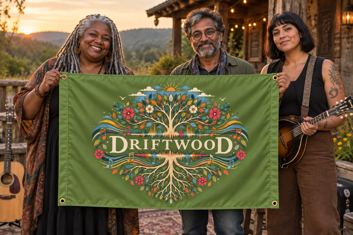 Illustrative campaign: adult musicians at a live music venue holding a customized olive green flag, 5 feet wide by 3 feet tall with vivid multicolor artwork and four corner grommets