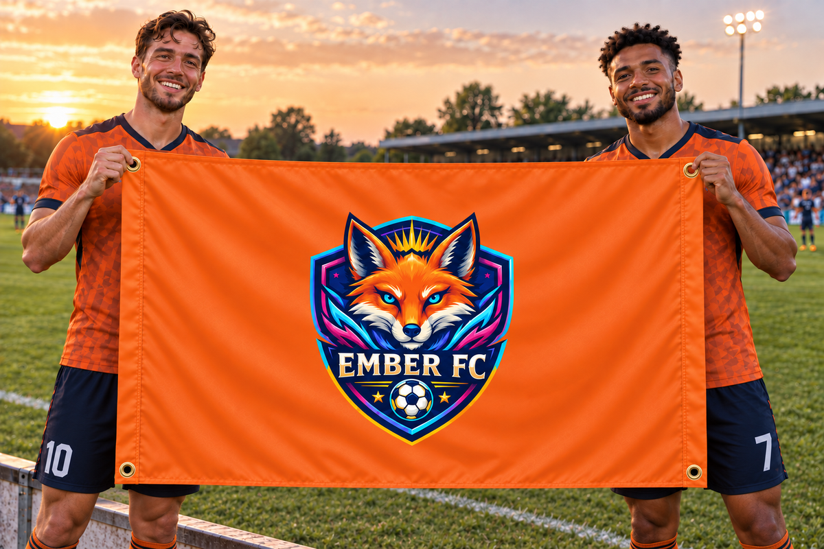 Illustrative campaign: adult athletes at a sporting event holding a customized orange flag, 5 feet wide by 3 feet tall with vivid multicolor artwork and four corner grommets