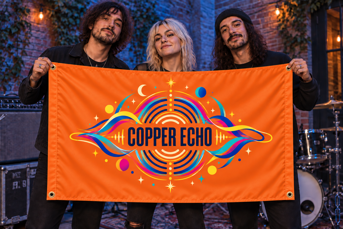 Illustrative campaign: adult musicians at a live music venue holding a customized orange flag, 5 feet wide by 3 feet tall with vivid multicolor artwork and four corner grommets
