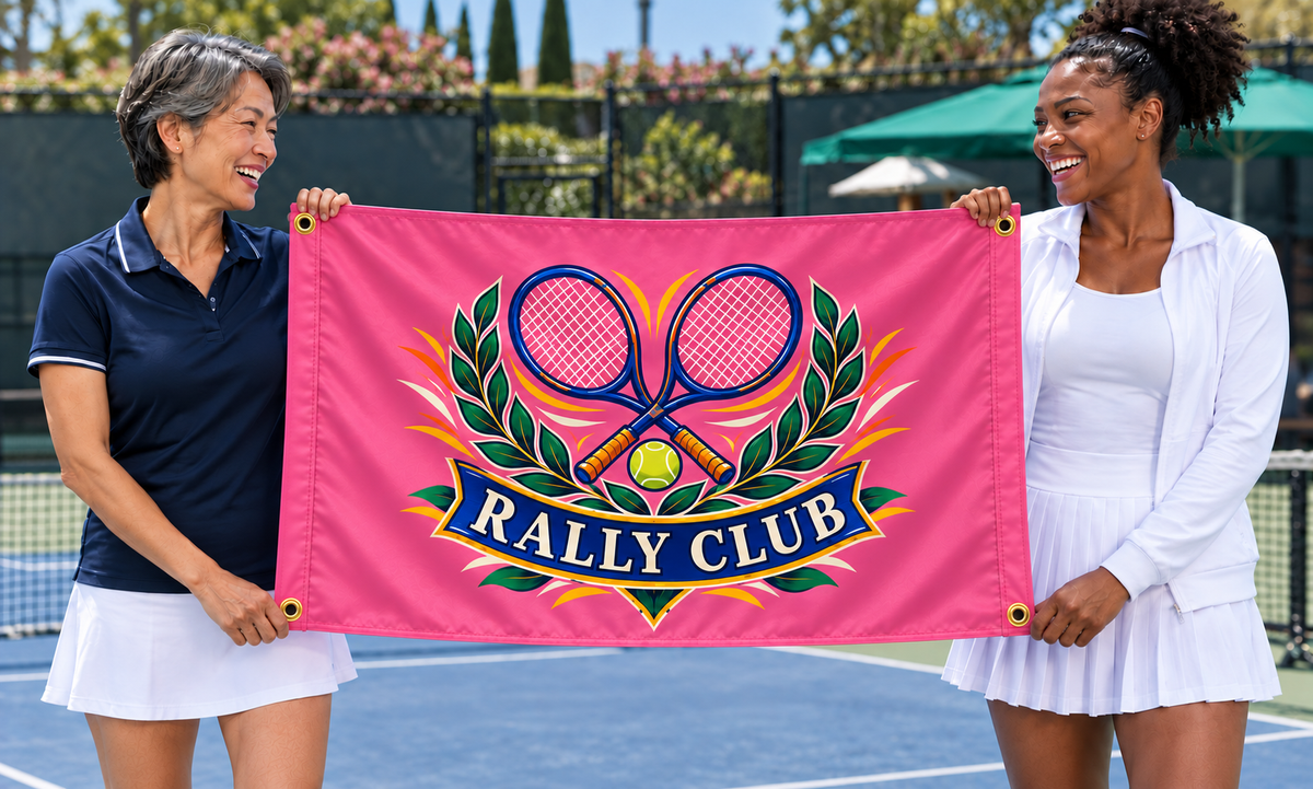 Pink customized 5 ft x 3 ft flag at a sports event, with colorful original artwork, people, four corner grommets and matching stitched side bands