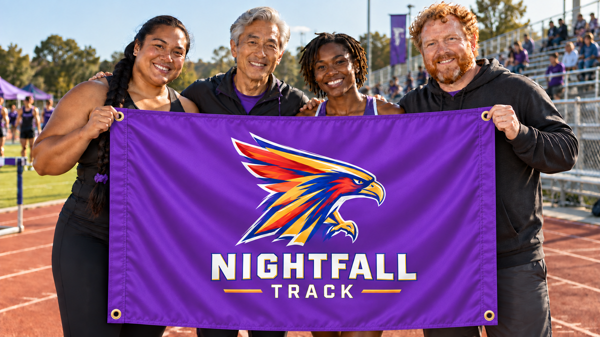 Illustrative campaign: four adult supporters holding a customized multicolor purple 3 by 5 Nightfall Track flag beside an athletics track