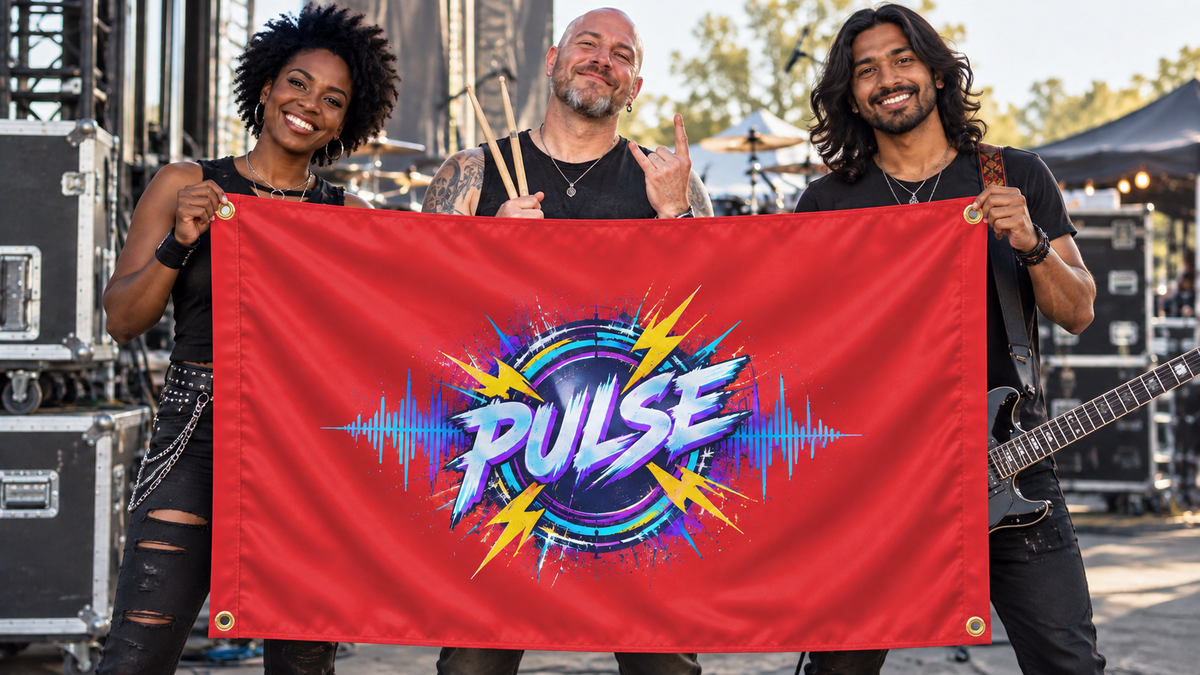 Illustrative campaign: PULSE rock musicians with a richly customized Red flag, 5 feet wide by 3 feet tall, four metal corner grommets and reinforced side bands.