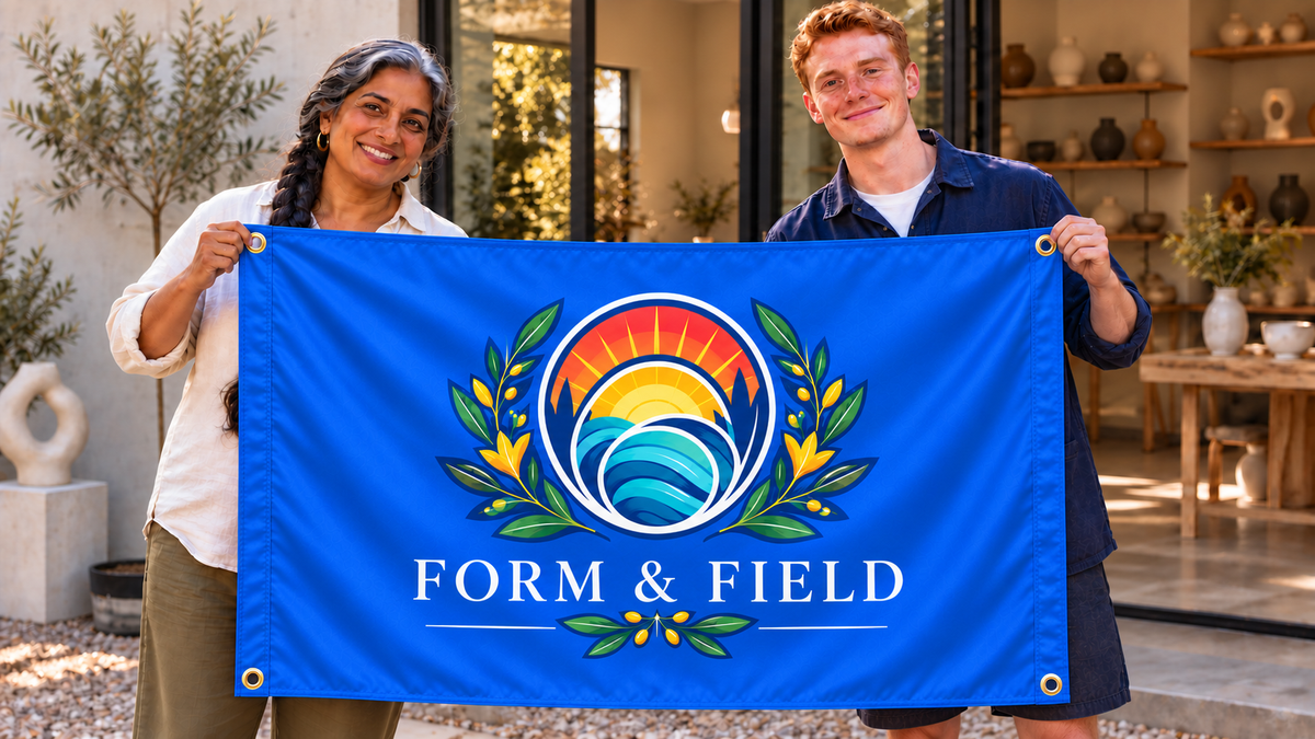 Royal Blue customized 5 ft x 3 ft flag at a business event, with colorful original artwork, people, four corner grommets and matching stitched side bands