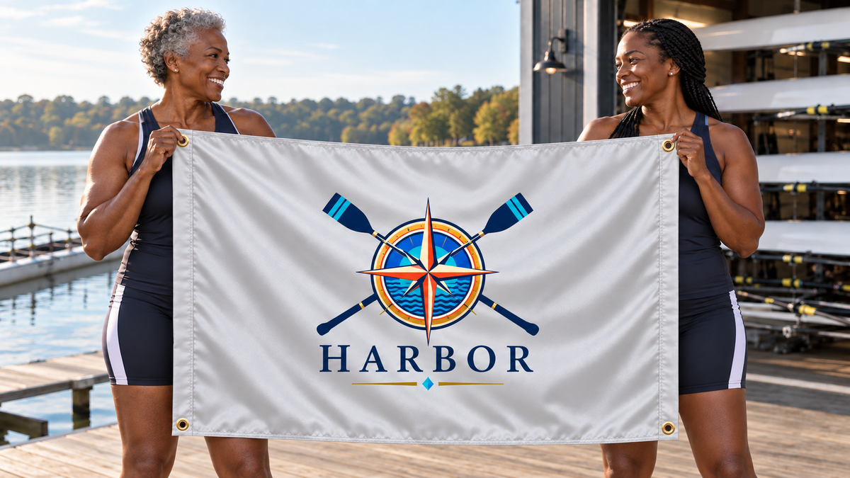 Illustrative campaign: HARBOR rowing athletes with a richly customized Silver flag, 5 feet wide by 3 feet tall, four metal corner grommets and reinforced side bands.