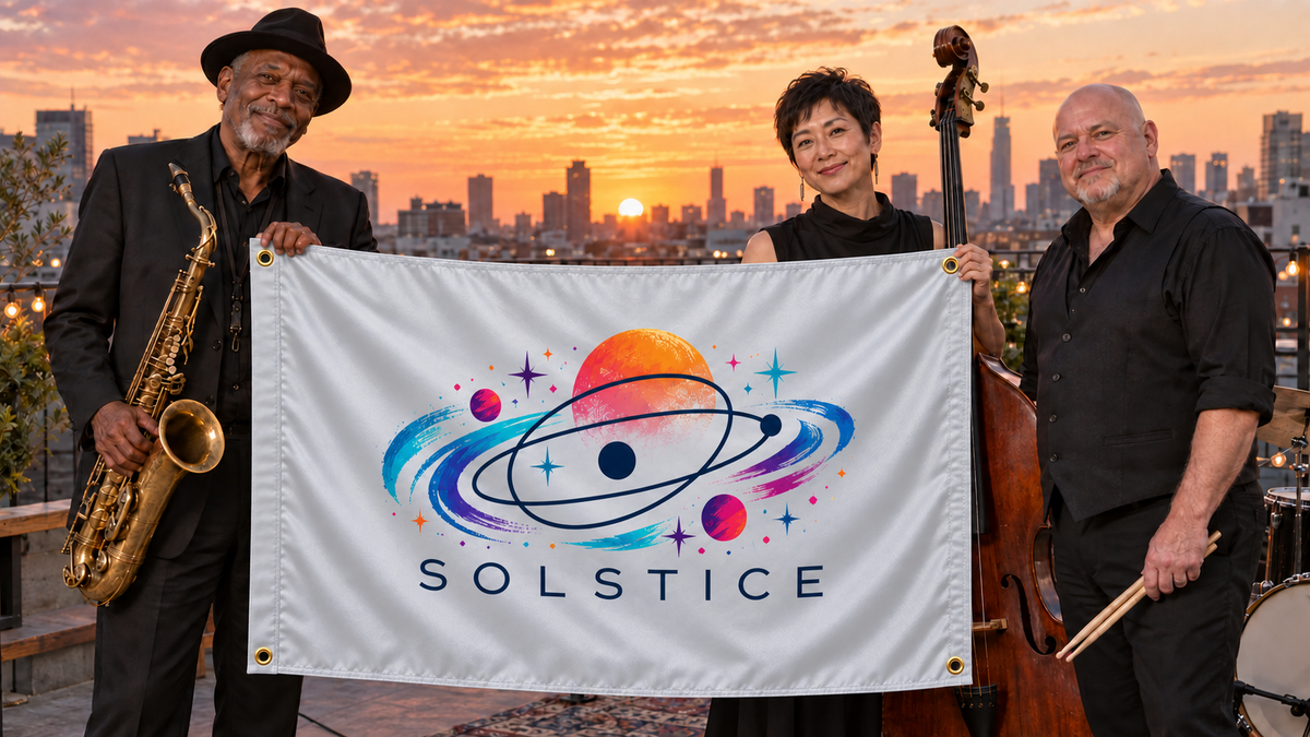Illustrative campaign: SOLSTICE jazz musicians with a richly customized Silver flag, 5 feet wide by 3 feet tall, four metal corner grommets and reinforced side bands.