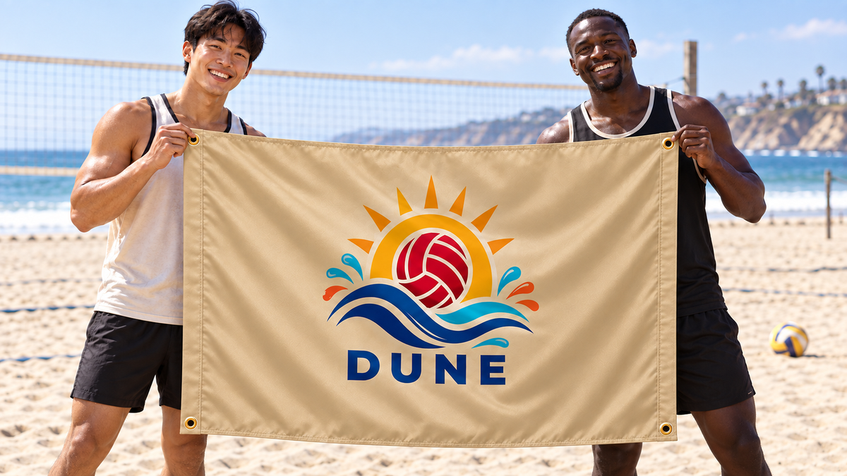 Illustrative campaign: DUNE beach volleyball players with a richly customized Tan flag, 5 feet wide by 3 feet tall, four metal corner grommets and reinforced side bands.
