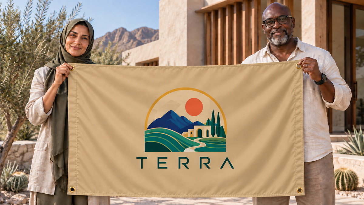 Illustrative campaign: TERRA architects with a richly customized Tan flag, 5 feet wide by 3 feet tall, four metal corner grommets and reinforced side bands.