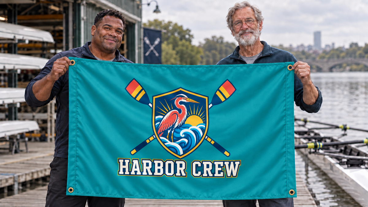 Illustrative campaign: two adult rowers holding a customized multicolor teal 3 by 5 Harbor Crew flag beside a rowing dock