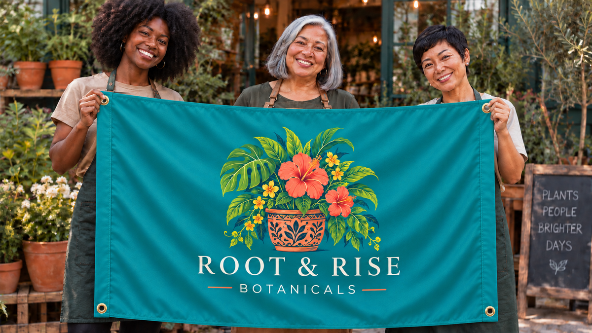 Illustrative campaign: three adult business partners holding a customized multicolor teal 3 by 5 Root and Rise Botanicals flag at a nursery