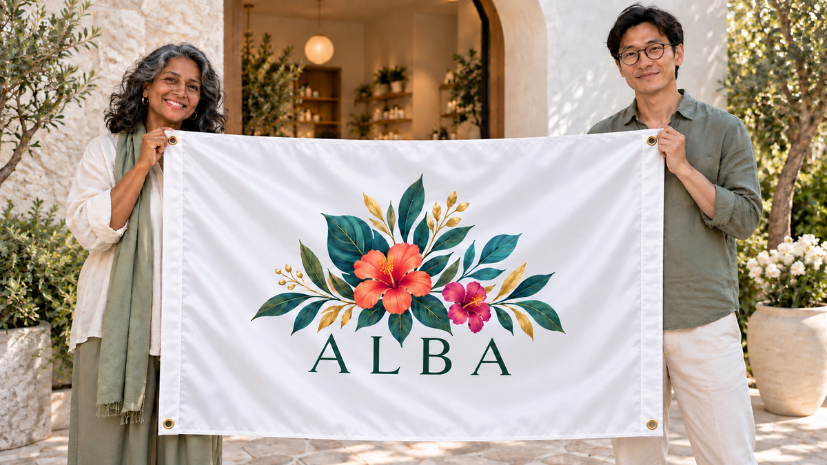 Illustrative campaign: ALBA boutique owners with a richly customized White flag, 5 feet wide by 3 feet tall, four metal corner grommets and reinforced side bands.