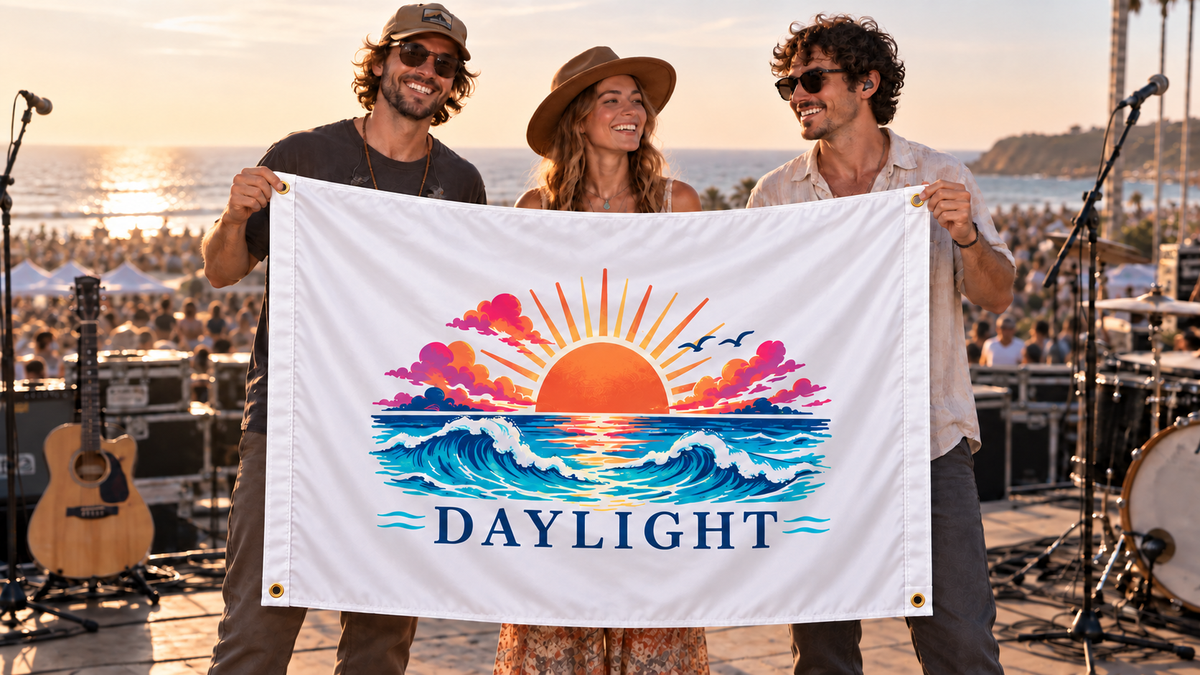 Illustrative campaign: DAYLIGHT beach musicians with a richly customized White flag, 5 feet wide by 3 feet tall, four metal corner grommets and reinforced side bands.