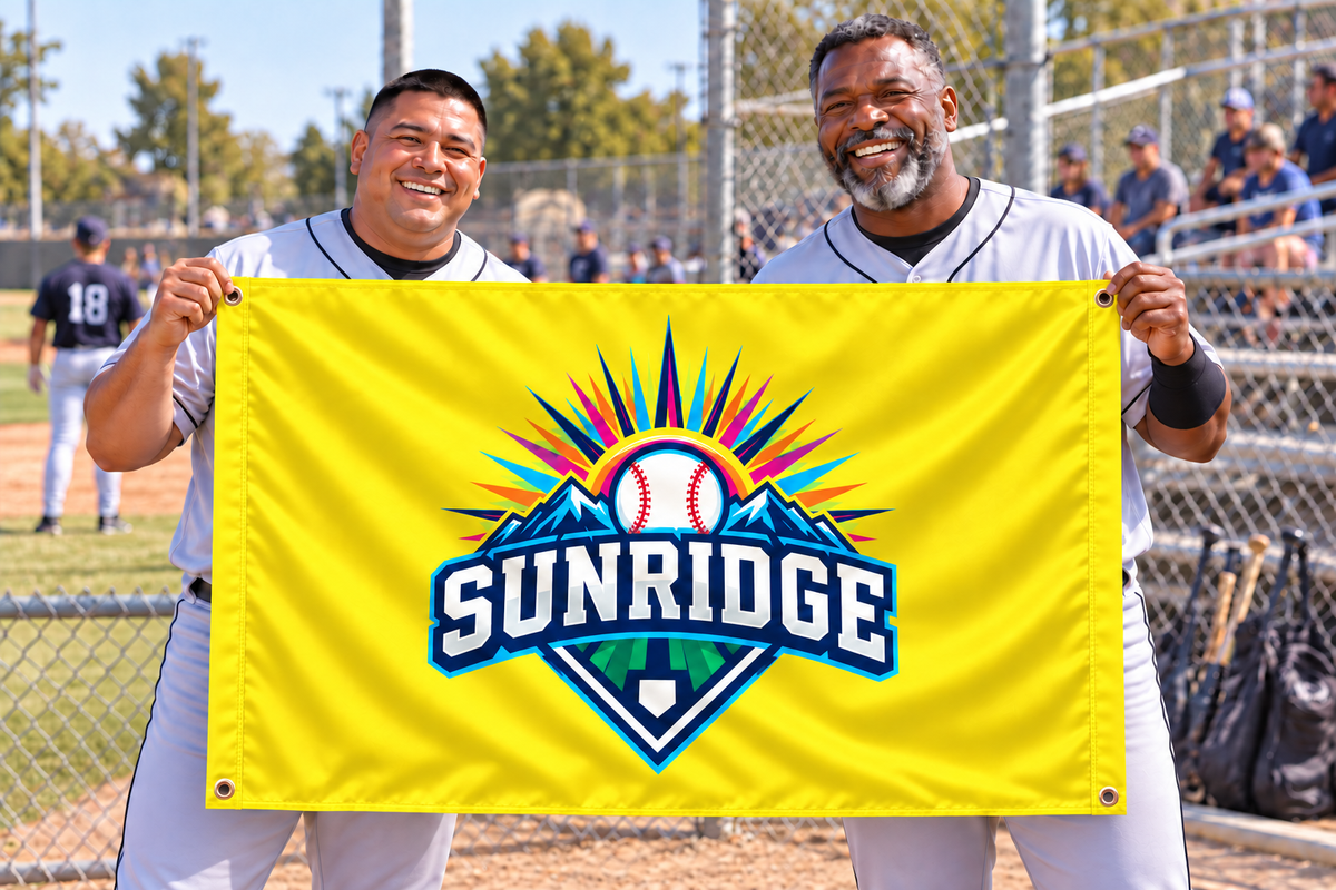 Illustrative campaign: adult athletes at a sporting event holding a customized yellow flag, 5 feet wide by 3 feet tall with vivid multicolor artwork and four corner grommets