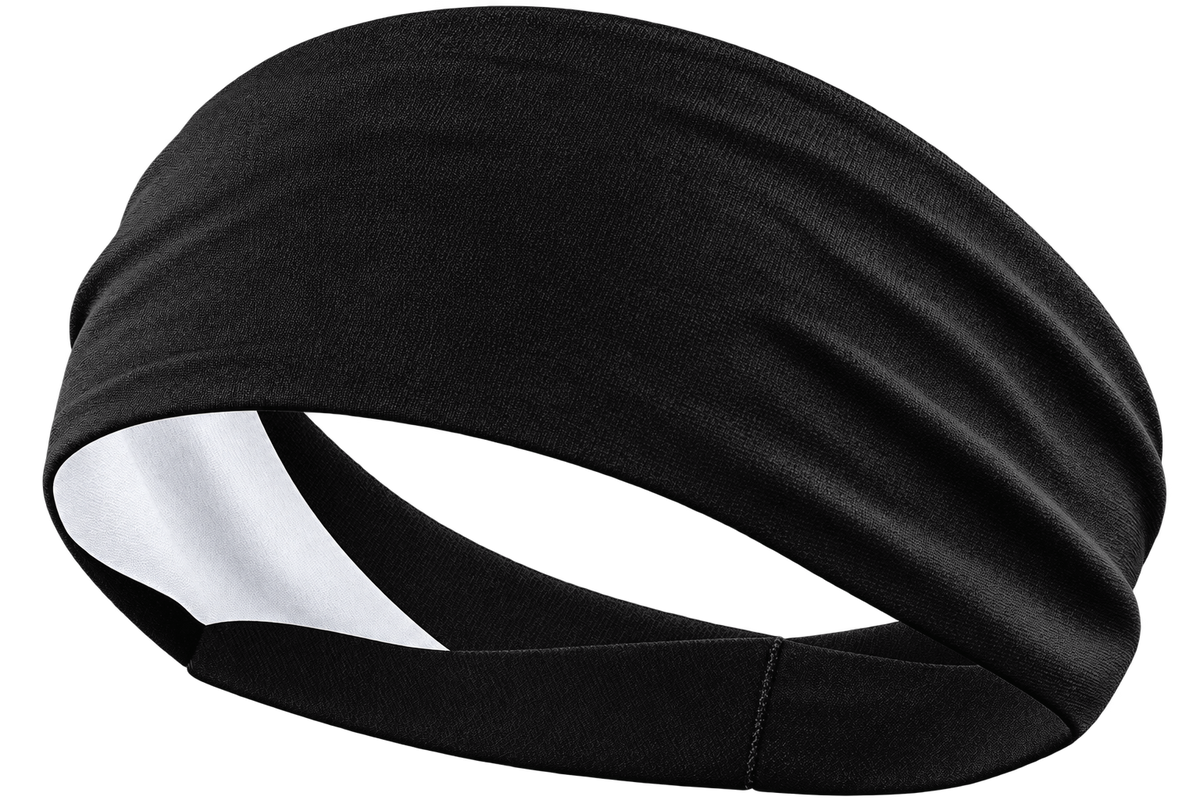 Jet Black custom sports headband, transparent background, identical front product view