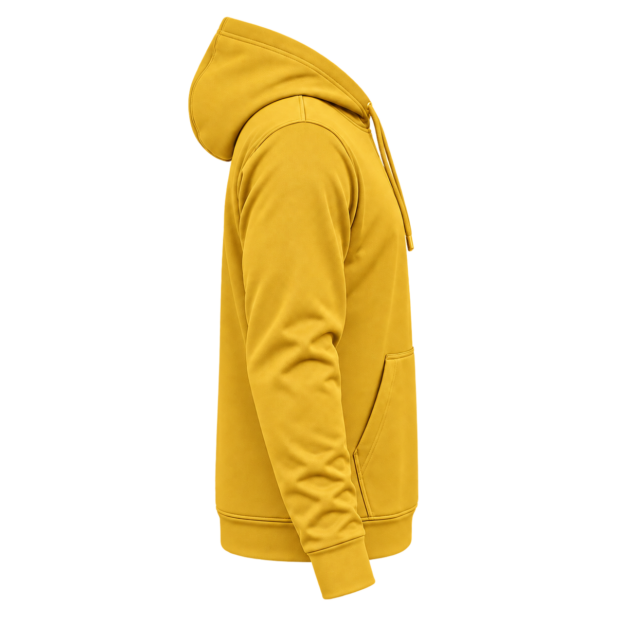 Custom Fully Sublimated Hoodie in Athletic gold — wearer’s RIGHT sleeve; front and hood opening face image-right