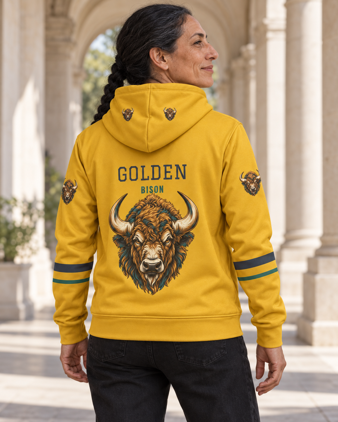 Custom Fully Sublimated Hoodie in Athletic gold — Golden Bison campaign