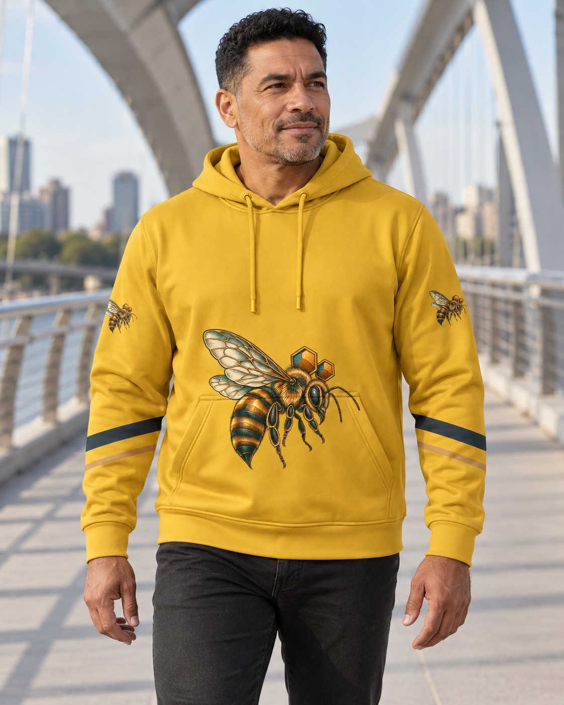Custom Fully Sublimated Hoodie in Athletic gold — Honey Atlas campaign