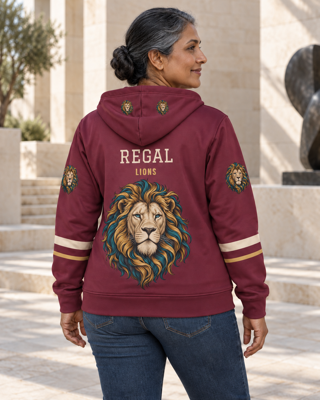 Custom Fully Sublimated Hoodie in Burgundy — Regal Lions campaign