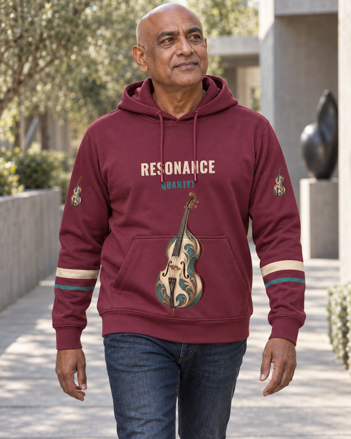 Custom Fully Sublimated Hoodie in Burgundy — Resonance Quartet campaign
