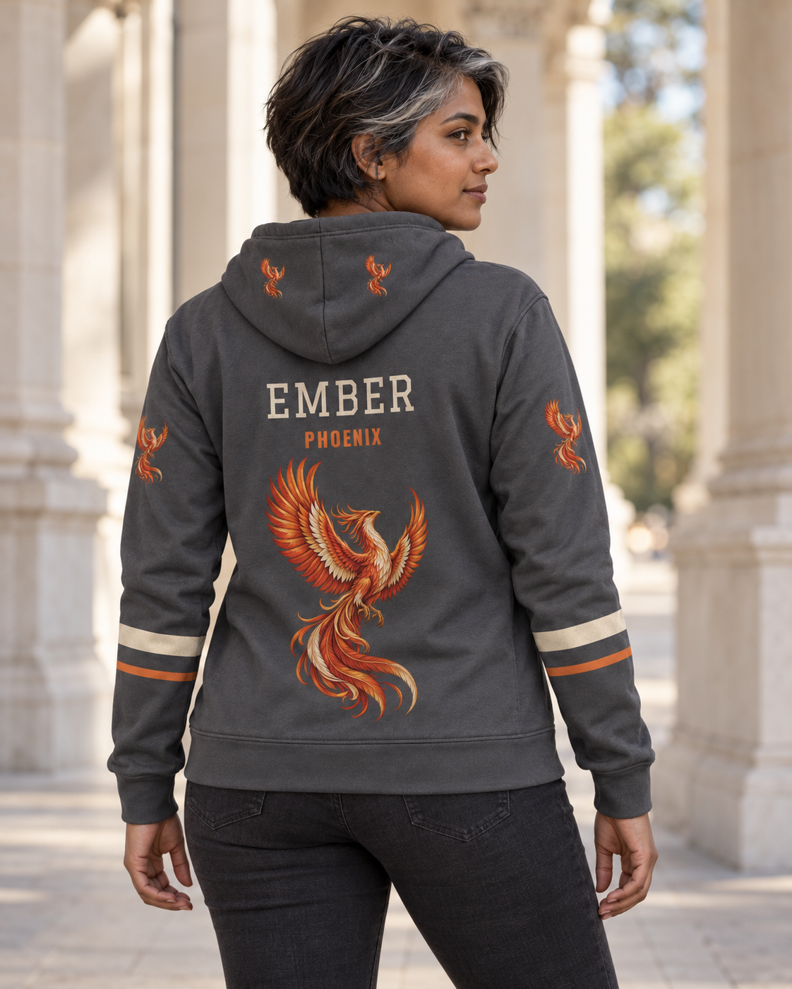 Custom Fully Sublimated Hoodie in Charcoal — Ember Phoenix campaign