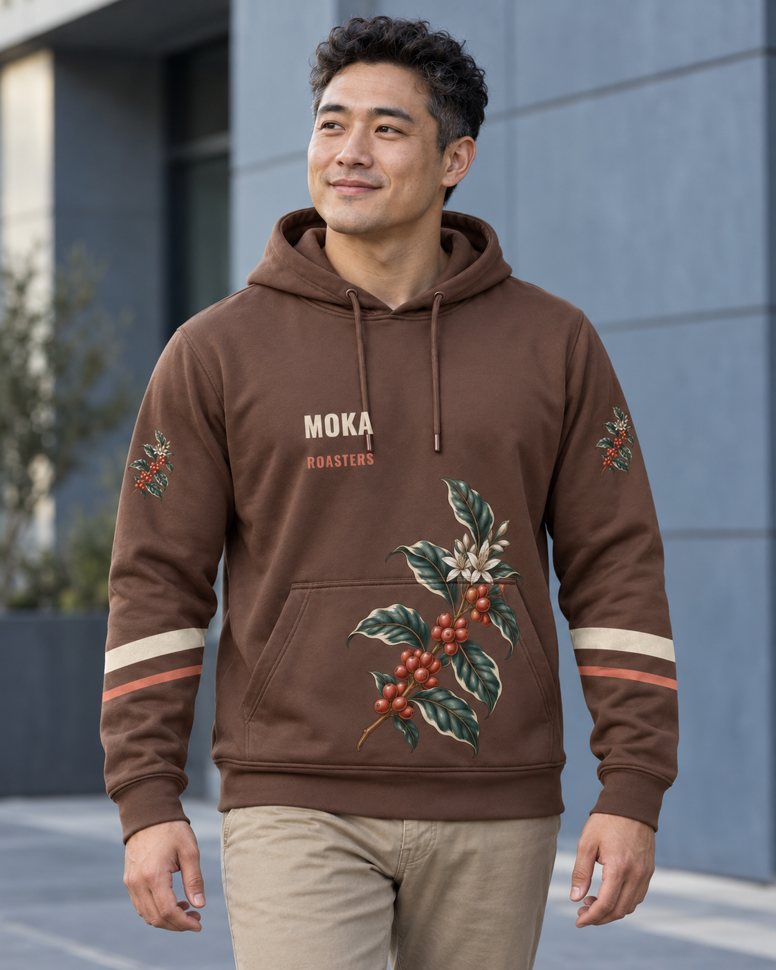 Custom Fully Sublimated Hoodie in Chocolate — Moka Roasters campaign