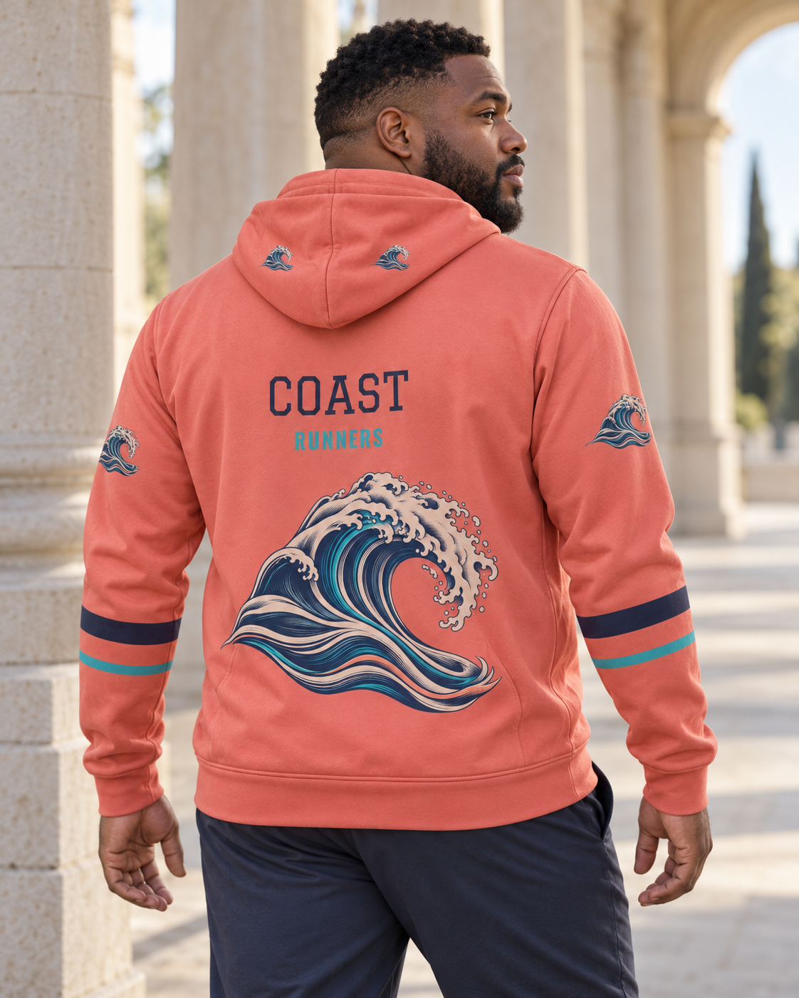Custom Fully Sublimated Hoodie in Coral — Coast Runners campaign