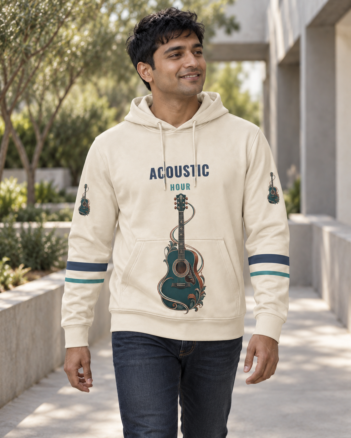Custom Fully Sublimated Hoodie in Cream — Acoustic Hour campaign