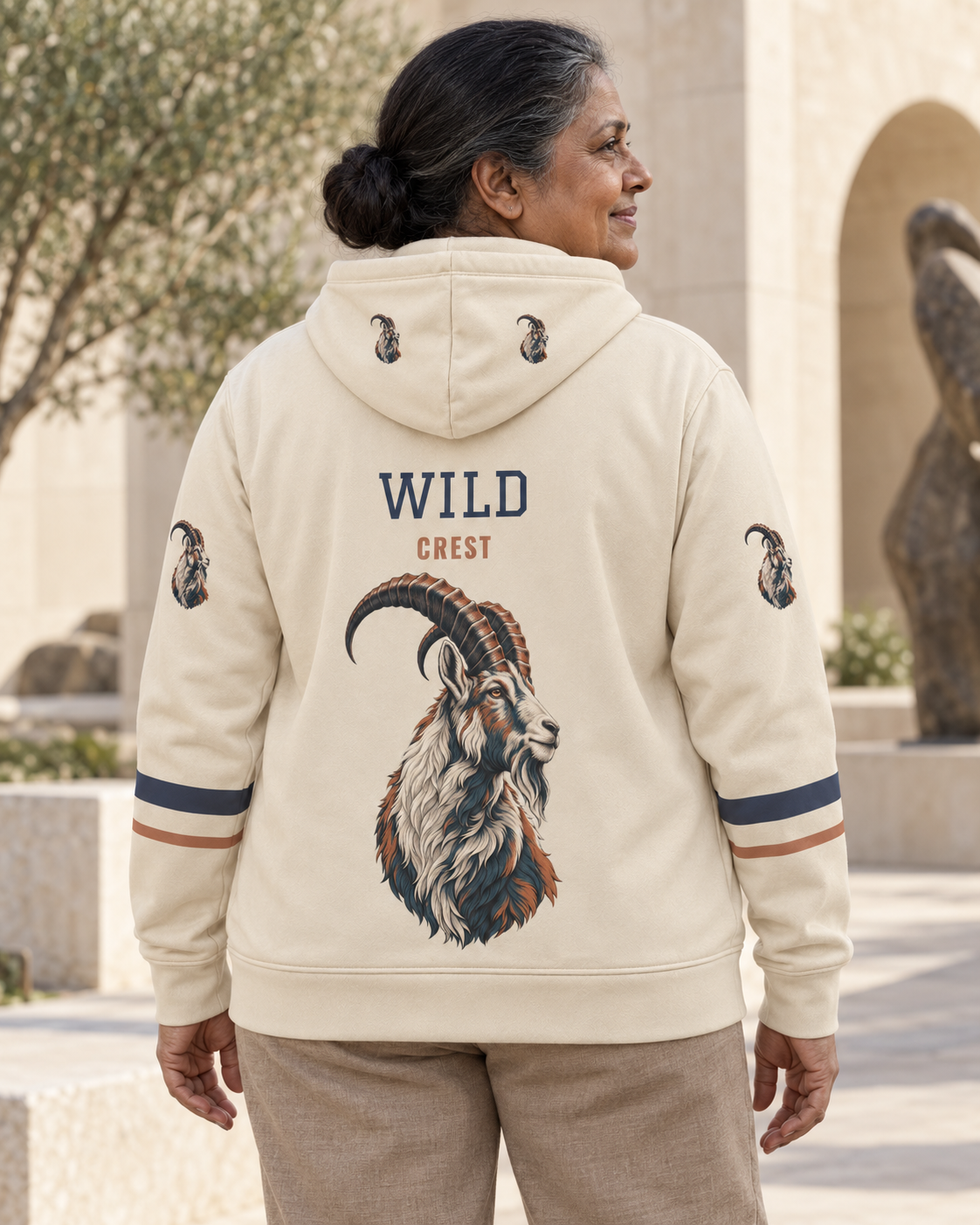 Custom Fully Sublimated Hoodie in Cream — Wild Crest campaign